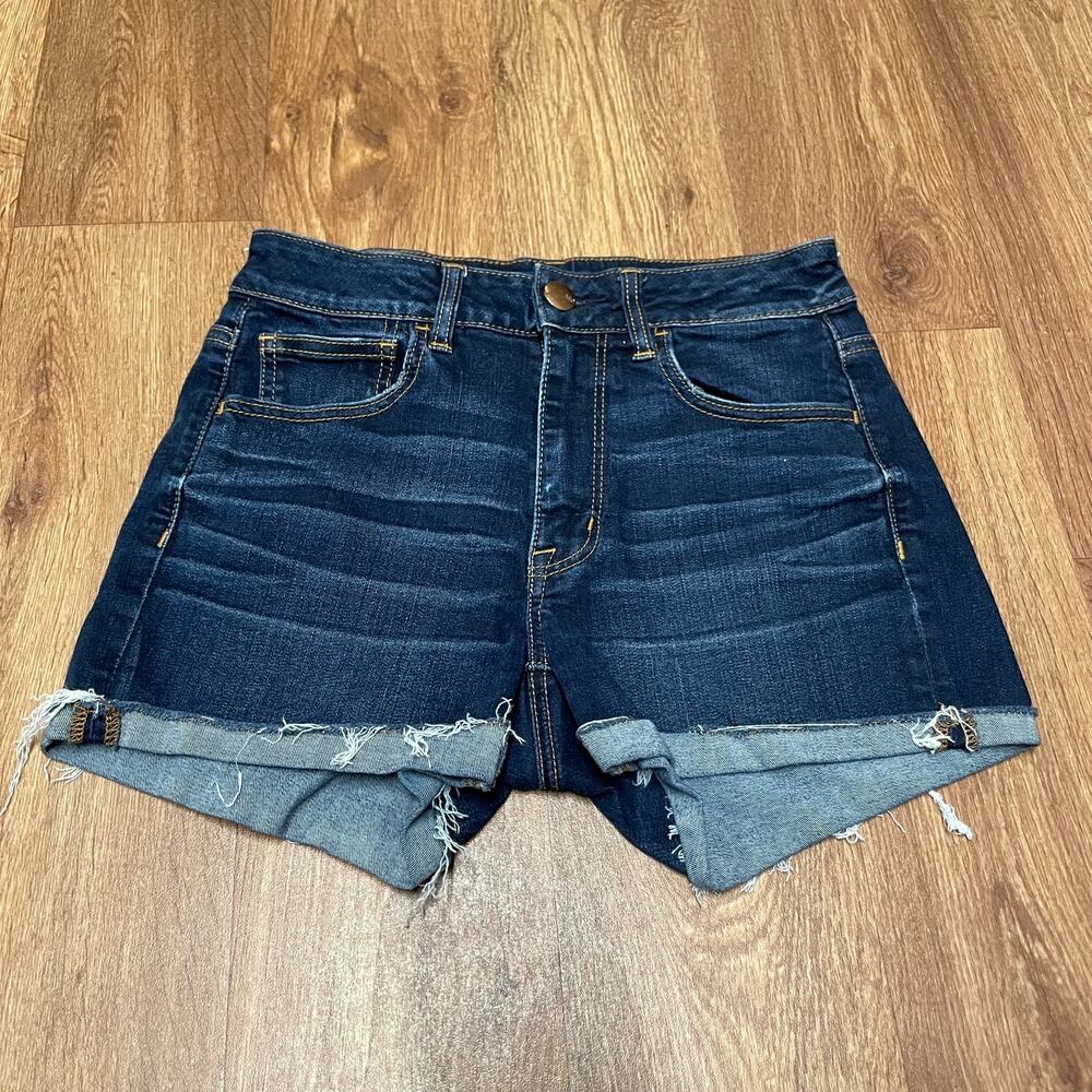 American Eagle Women Hi-Rise Shortie Blue Jean Shorts Dark Wash Raw Hem Cuff 6